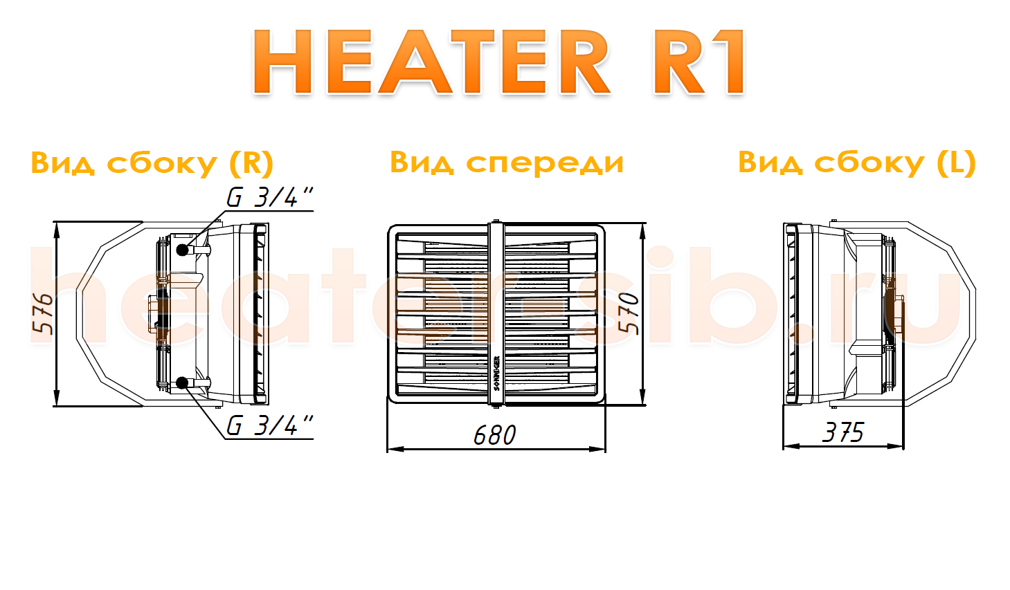 Габаритиные размеры Heater R1 / CR1 - вид с левого бока, вид спереди, вид с правого сбоку