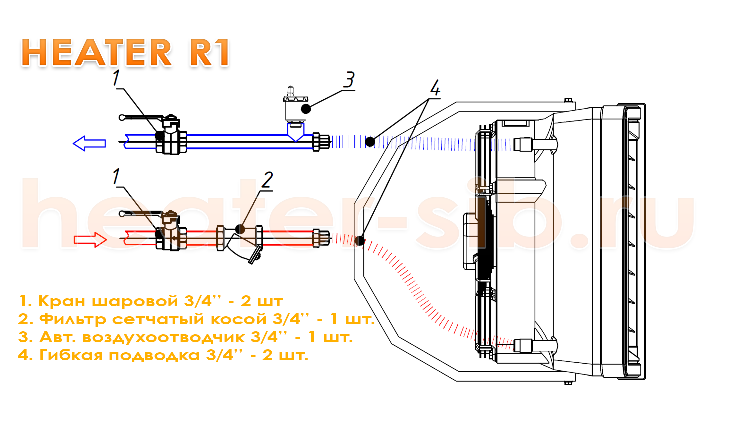 Схема подключения Heater R1 / CR1 к системе теплоснабжения без регулирования