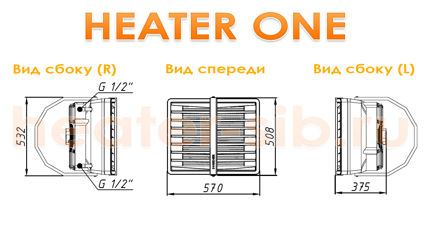 Габаритиные размеры Heater One / CR One - вид с левого бока, вид спереди, вид с правого сбоку