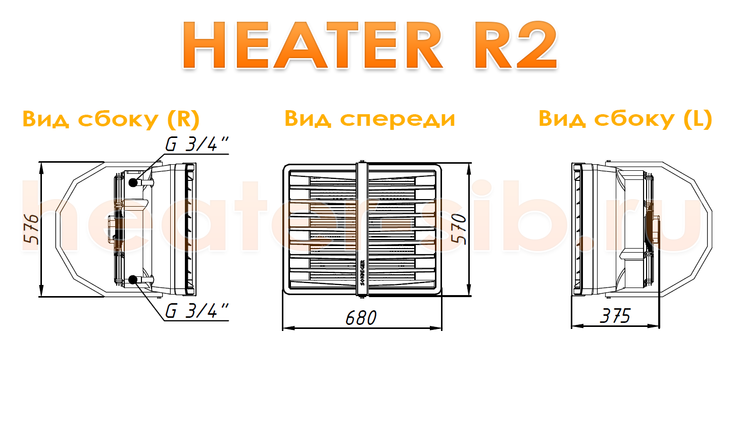 Габаритиные размеры Heater R2 / CR2 - вид с левого бока, вид спереди, вид с правого сбоку