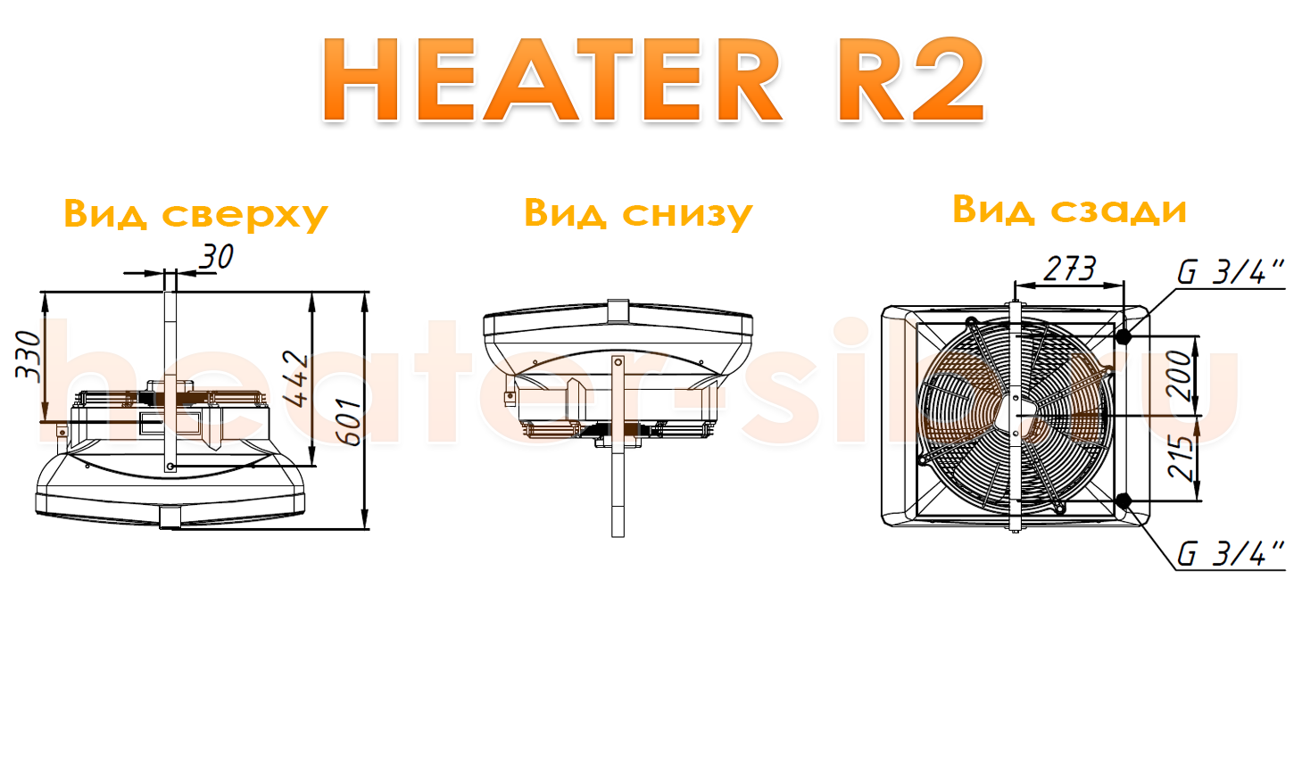 Габаритиные размеры Heater R2 / CR2 - вид сверху, вид снизу, вид сзади