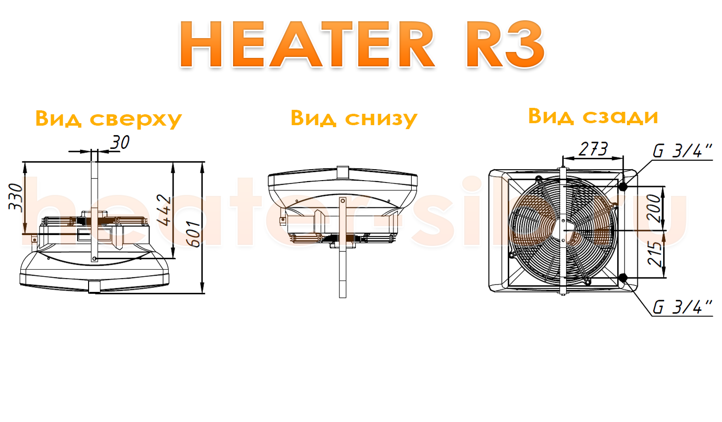 Габаритиные размеры Heater R3 / CR3 - вид сверху, вид снизу, вид сзади